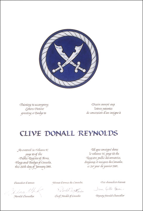 Lettres patentes concédant des emblèmes héraldiques à Clive Donall Reynolds