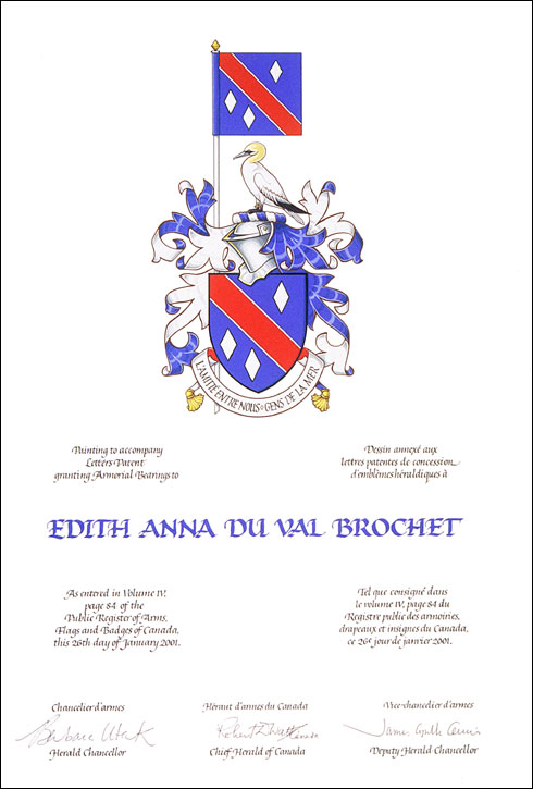 Lettres patentes concédant des emblèmes héraldiques à Edith Anna Du Val Brochet