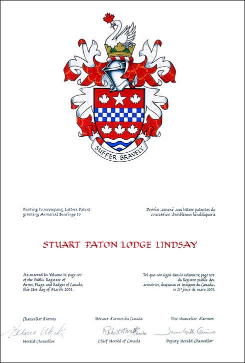 Lettres patentes concédant des emblèmes héraldiques à Stuart Paton Lodge Lindsay