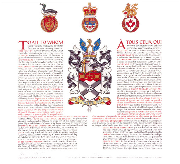 Letters patent granting heraldic emblems to David McClary Johnston