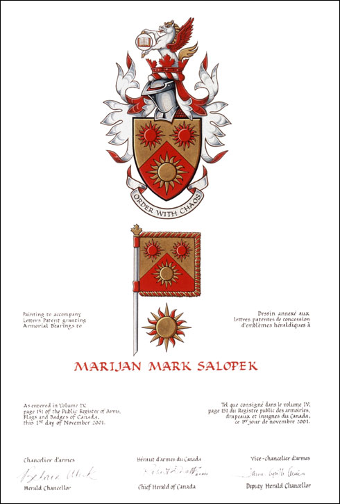 Letters patent granting heraldic emblems to Marijan Mark Salopek