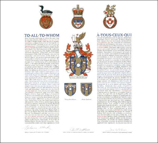 Letters patent granting heraldic emblems to Daniel Ling