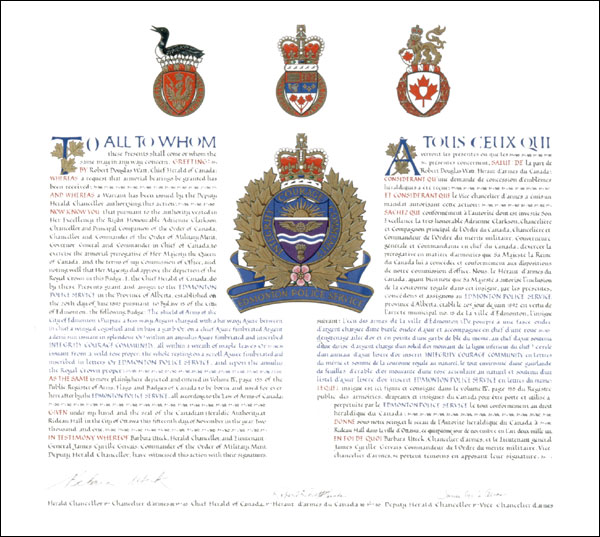 Letters patent granting heraldic emblems to the Edmonton Police Service