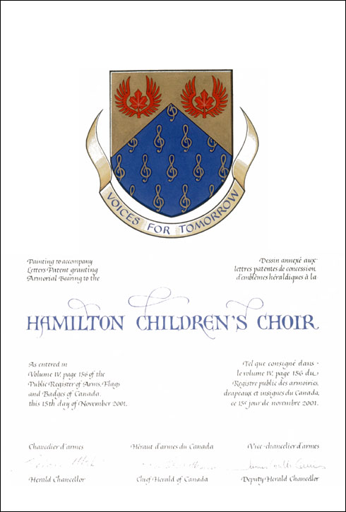 Lettres patentes concédant des emblèmes héraldiques à la Hamilton Children's Choir