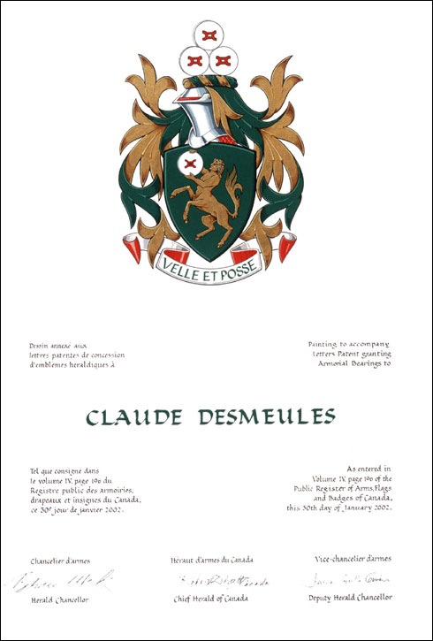 Letters patent granting heraldic emblems to Claude Desmeules