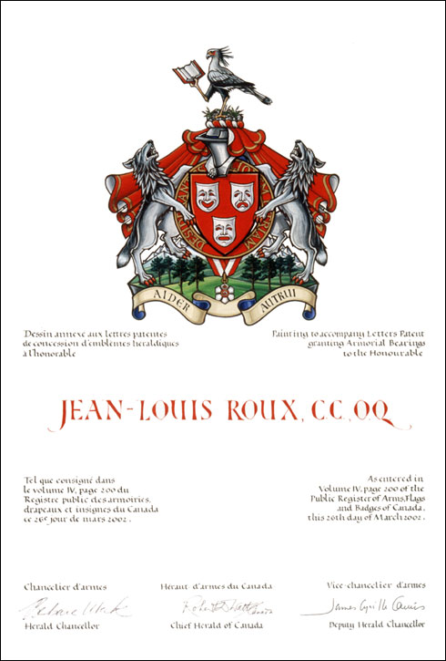 Letters Patent granting Armorial Bearings to Jean-Louis Roux