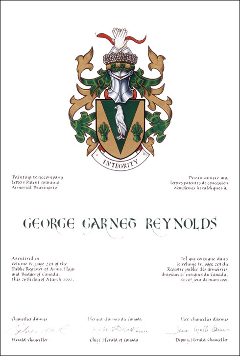 Lettres patentes concédant des emblèmes héraldiques à George Garnet Reynolds