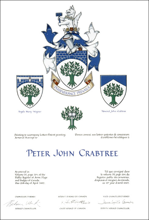 Letters patent granting heraldic emblems to Peter John Crabtree