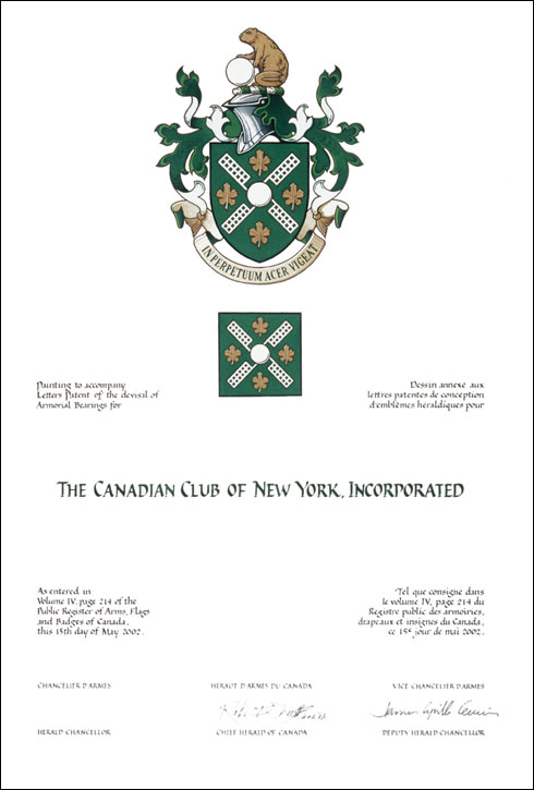 Lettres patentes de création d'emblèmes héraldiques en faveur de The Canadian Club of New York, Incorporated