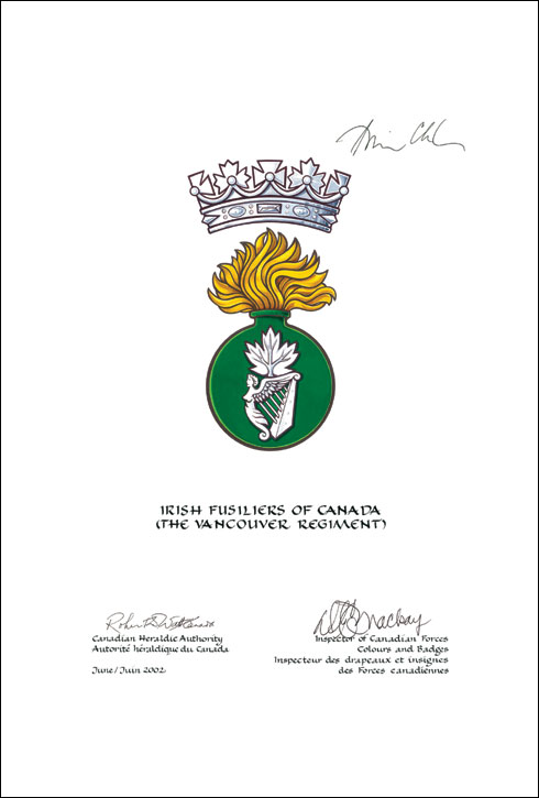 Approbation de l'insigne des Irish Fusiliers of Canada (The Vancouver Regiment)