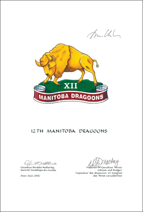 Approval of the Badge of the 12th Manitoba Dragoons