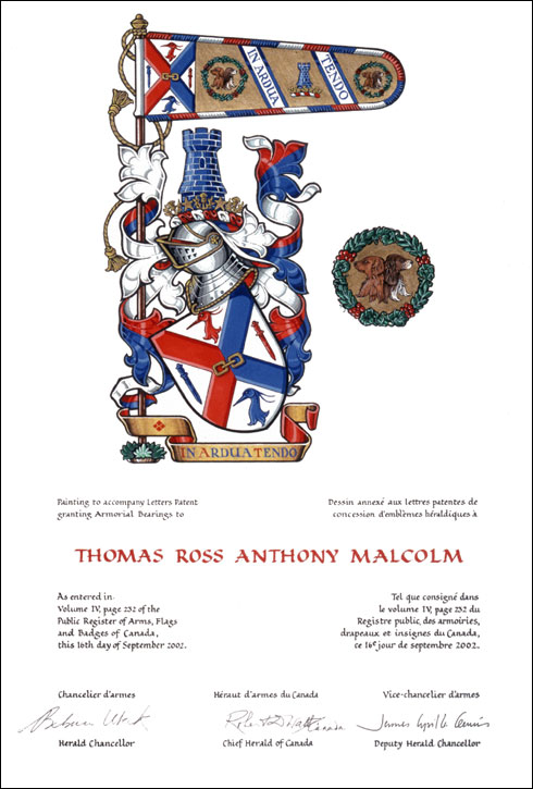 Lettres patentes concédant des emblèmes héraldiques à Thomas Ross Anthony Malcolm