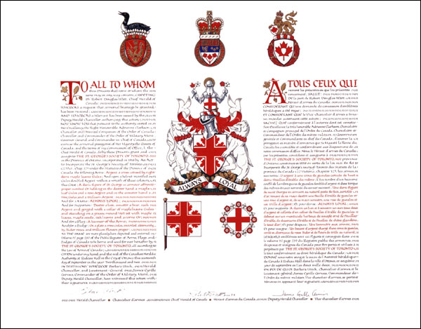 Letters patent granting heraldic emblems to The St. George's Society of Toronto