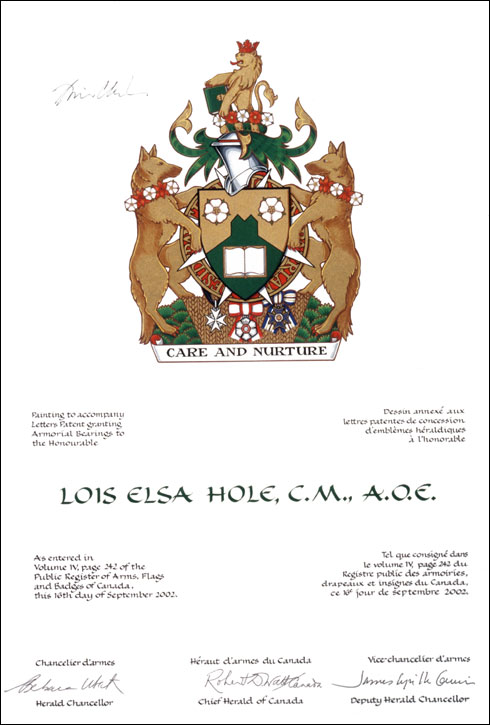 Letters patent granting heraldic emblems to Lois Elsa Hole