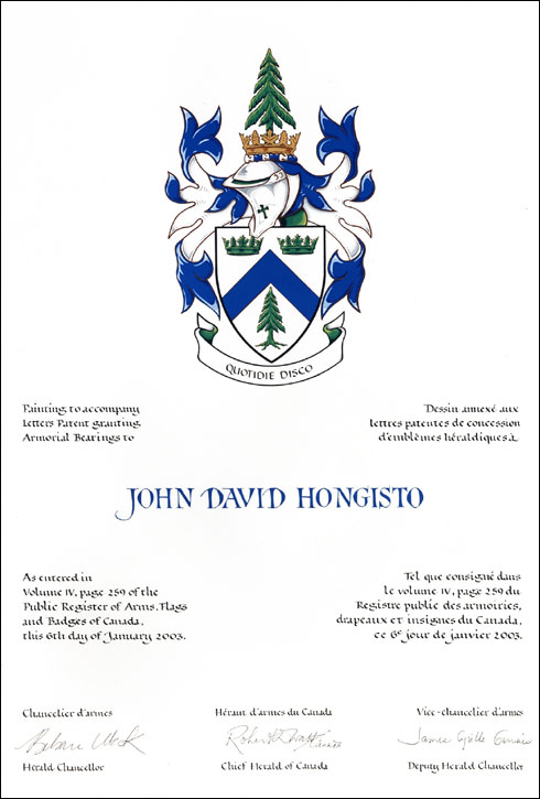 Lettres patentes concédant des emblèmes héraldiques à John David Hongisto