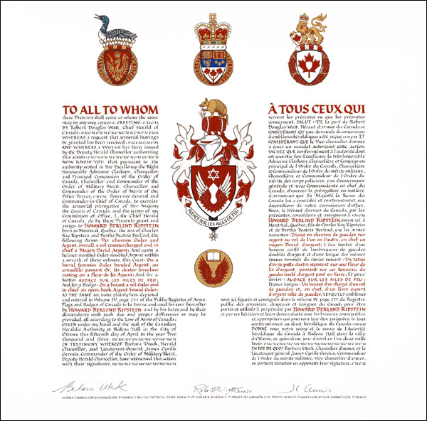 Letters patent granting heraldic emblems to Howard Berlind Ripstein