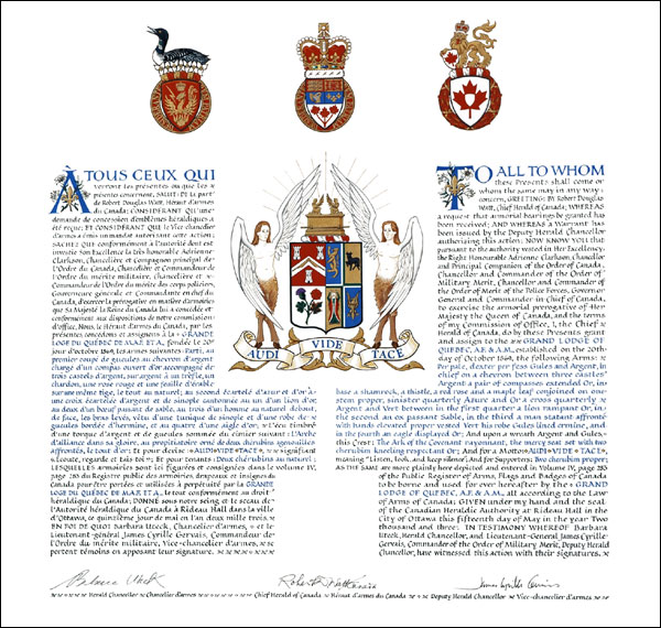 Letters patent granting heraldic emblems to the Grand Lodge of Quebec, A.F. & A.M.