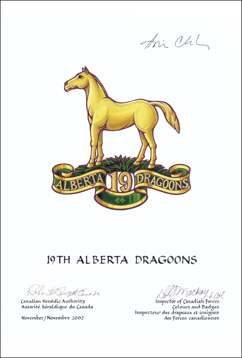 Approval of the Badge of the 19th Alberta Dragoons