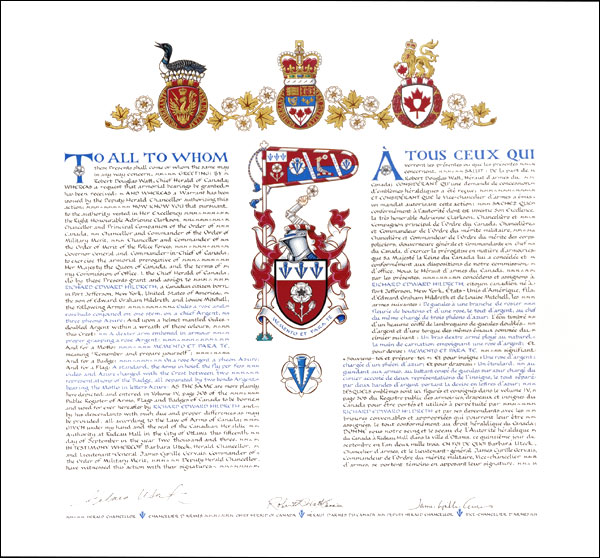 Letters patent granting heraldic emblems to Richard Edward Hildreth