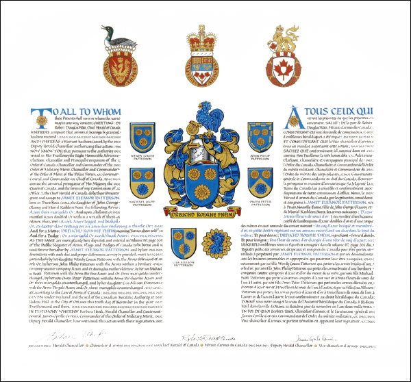 Letters patent granting heraldic emblems to Janet Eleanor Patterson