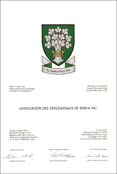 Letters patent granting heraldic emblems to the Association des descendants de Babin Inc.