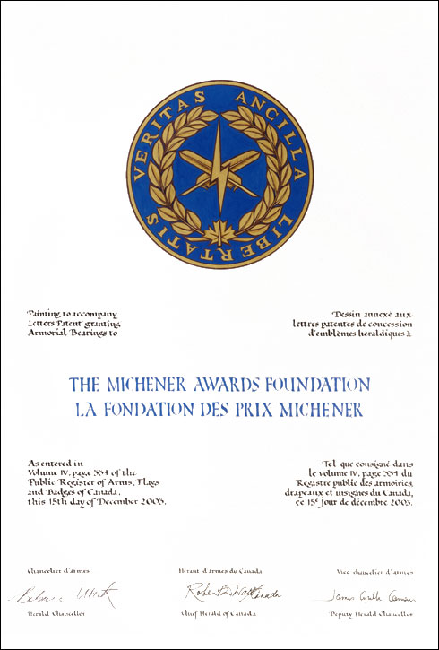 Letters patent granting heraldic emblems to The Michener Awards Foundation