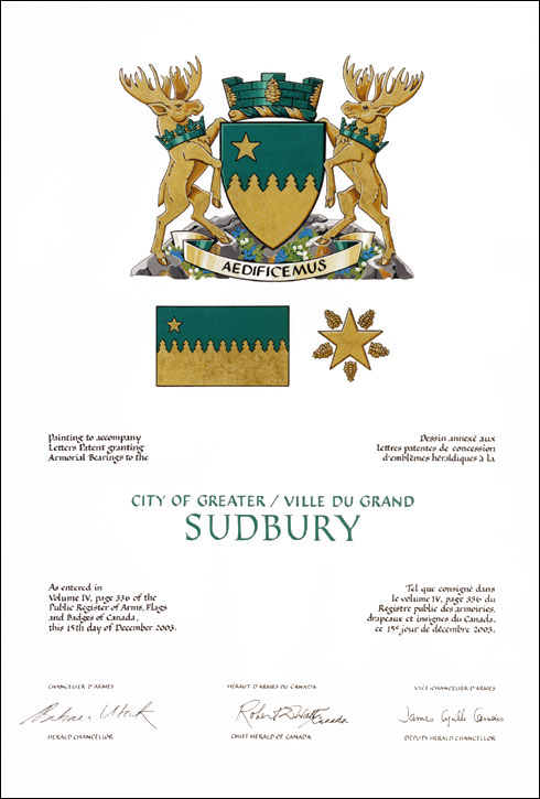 Lettres patentes concédant des emblèmes héraldiques à la Ville du Grand Sudbury