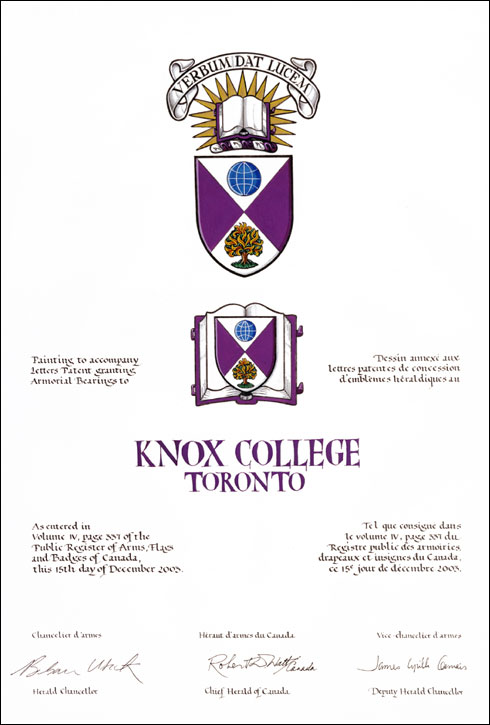 Lettres patentes concédant des emblèmes héraldiques au Knox College, Toronto