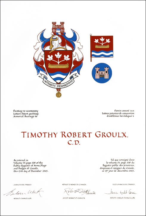 Letters patent granting heraldic emblems to Timothy Robert Groulx