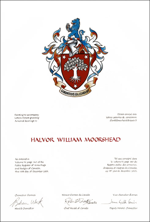 Letters patent granting heraldic emblems to Halvor William Moorshead