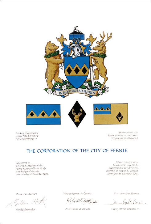 Lettres patentes concédant des emblèmes héraldiques à The Corporation of the City of Fernie