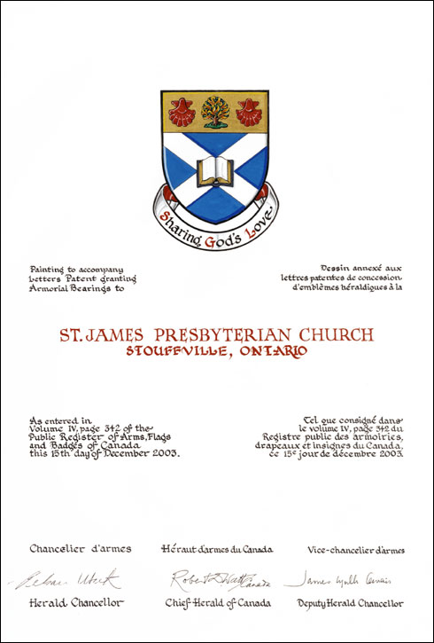 Lettres patentes concédant des emblèmes héraldiques à la St. James Presbyterian Church, Stouffville