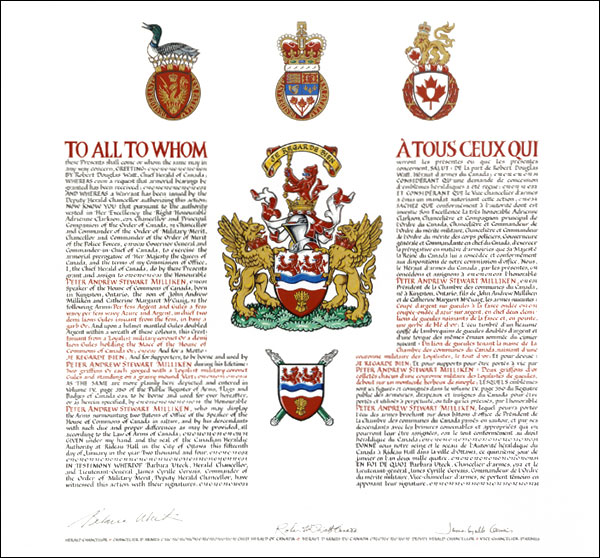 Letters patent granting heraldic emblems to Peter Andrew Stewart Milliken