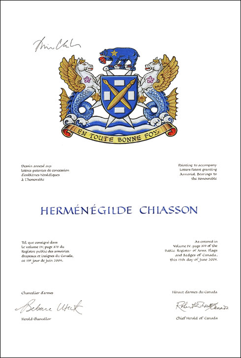 Letters patent granting heraldic emblems to Herménégilde Chiasson