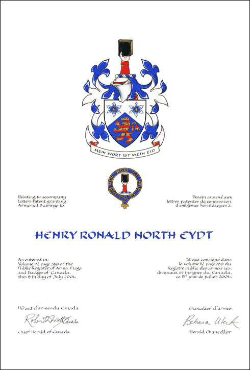 Letters patent granting heraldic emblems to Henry Ronald North Eydt