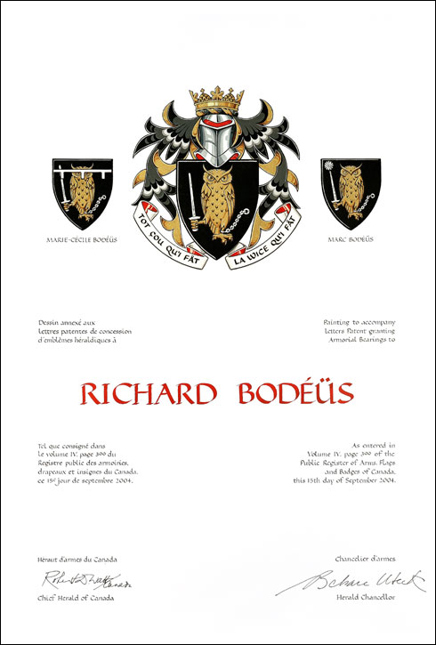 Lettres patentes concédant des emblèmes héraldiques à Richard Bodéüs