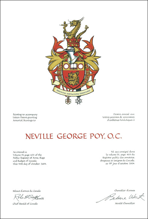 Letters patent granting heraldic emblems to Neville George Poy