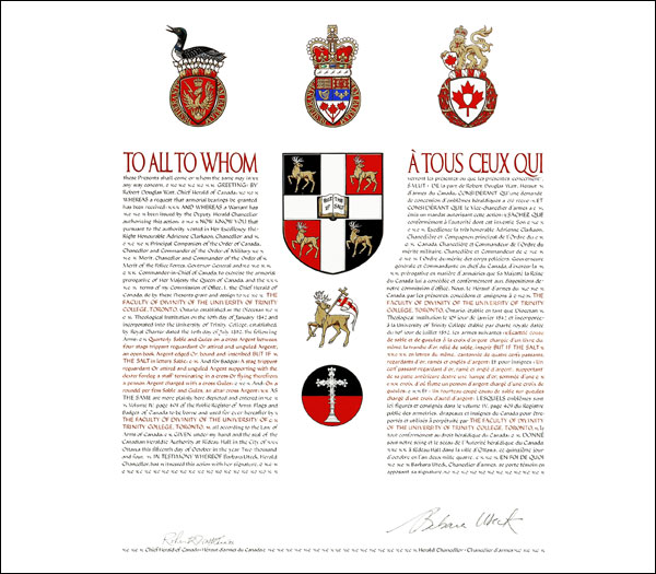 Letters patent granting heraldic emblems to The Faculty of Divinity of the University of Trinity College, Toronto