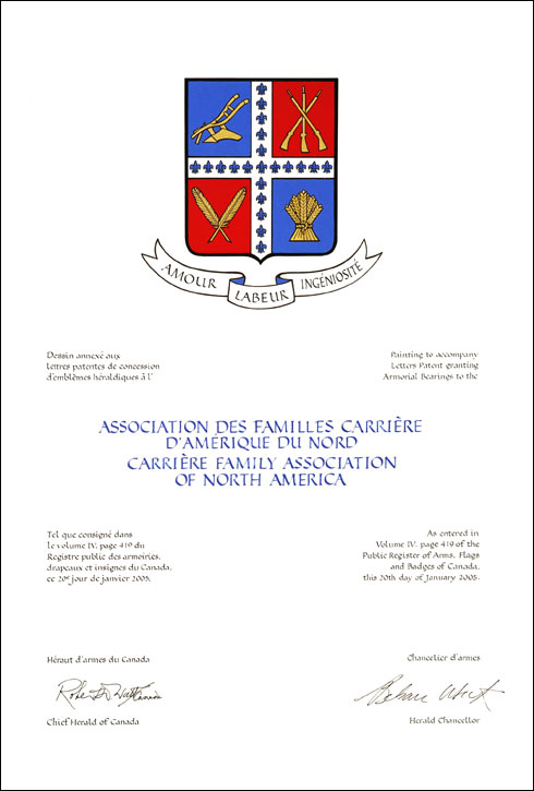 Lettres patentes concédant des emblèmes héraldiques à l'Association des Familles Carrière d'Amérique du Nord