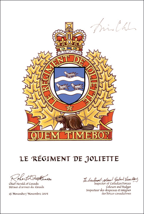 Approbation de l'insigne du Régiment de Joliette