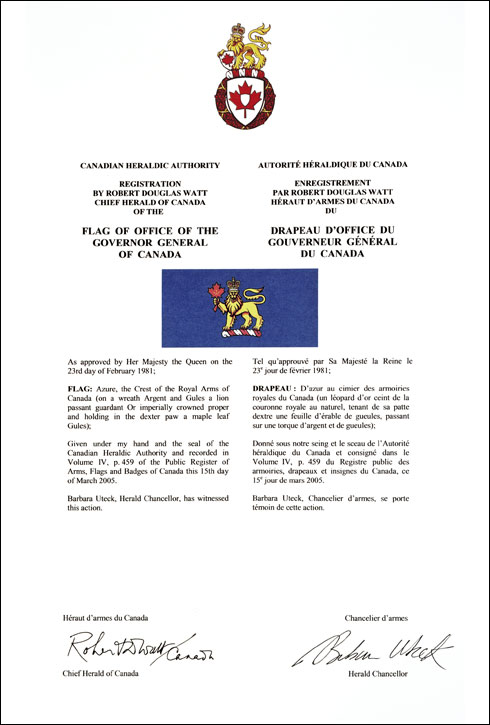 Letters patent registering the Flag of Office of the Governor General of Canada