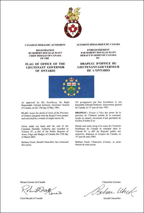 Lettres patentes enregistrant les emblèmes héraldiques du Lieutenant-gouverneur de l'Ontario