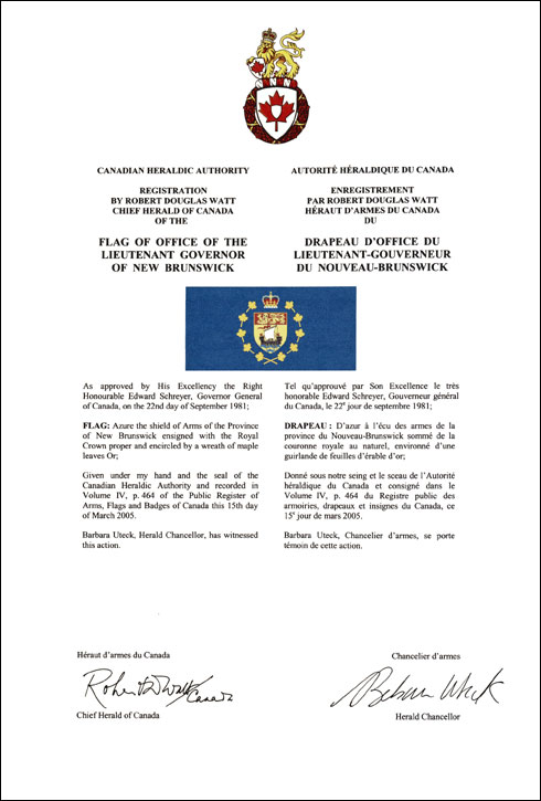 Letters patent registering the heraldic emblems of the Lieutenant Governor of New Brunswick