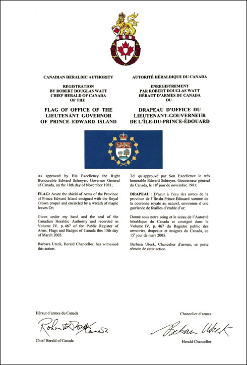 Lettres patentes enregistrant les emblèmes héraldiques du Lieutenant-gouverneur de l'Île-du-Prince-Édouard