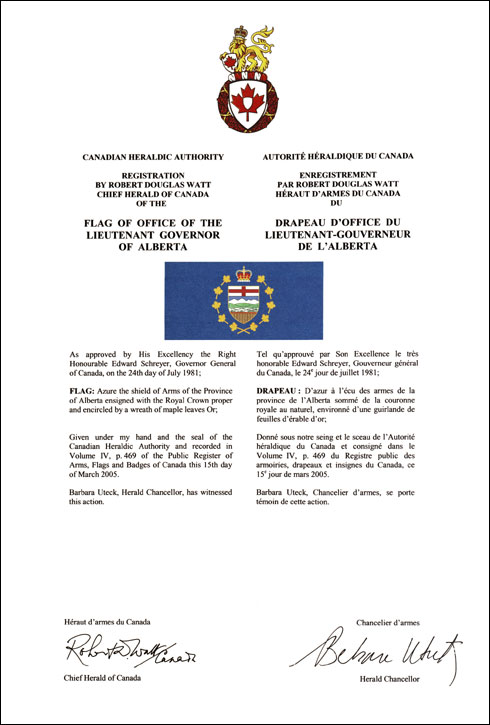 Letters patent registering the heraldic emblems of the Lieutenant Governor of Alberta