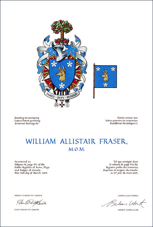 Lettres patentes concédant des emblèmes héraldiques à William Allistair Fraser