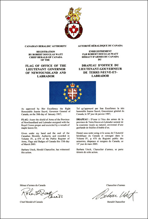 Letters patent registering the heraldic emblems of the Lieutenant Governor of Newfoundland and Labrador