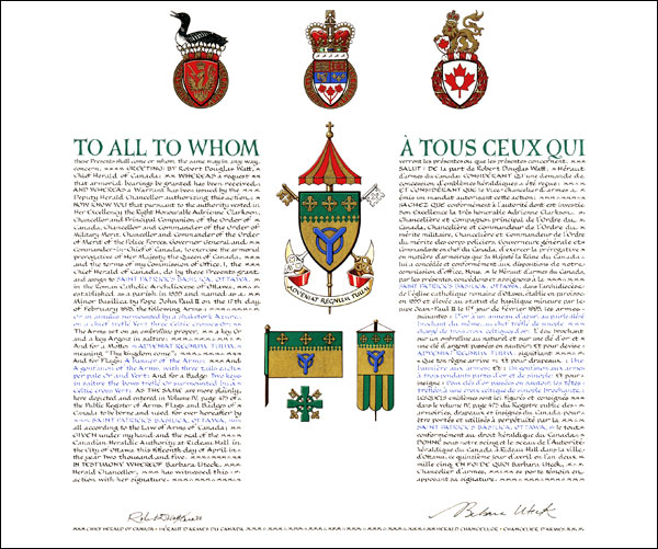 Letters patent granting heraldic emblems to Saint Patrick's Basilica, Ottawa