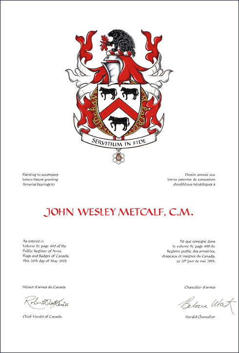 Lettres patentes concédant des emblèmes héraldiques à John Wesley Metcalf