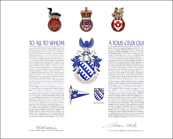 Letters patent granting heraldic emblems to Christopher Harrington Jones